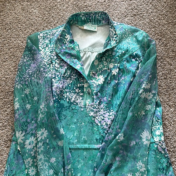 1970s vintage Poet Sleeve sheer midi Lavender White flower print casual Disco - Picture 2 of 4